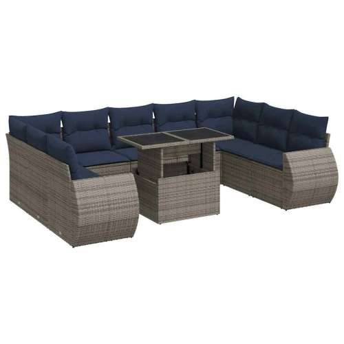 Vrtna garnitura - 10-dijelni set vrtnih sofa poliratan i bagrem s jastucima sivi - Siva sa spremištem 1 Cijena