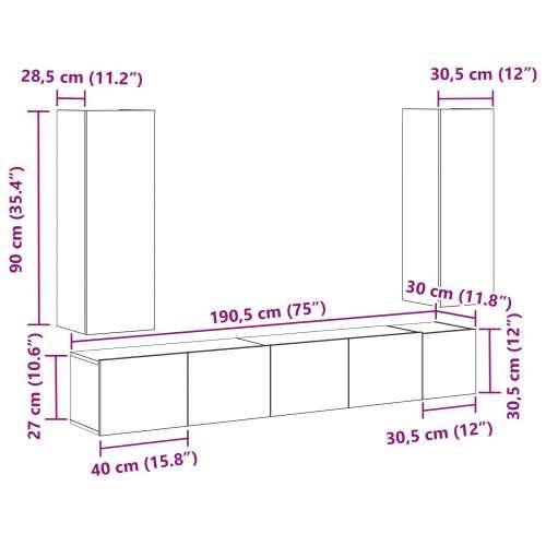 5-dijelni set TV ormarića zidnog montaže crna hrastovina konstruirano drvo, crni hrast TV stalak 80x30x30 cm napravljen od konst Cijena
