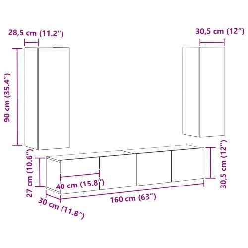 Set TV Kabineta od 4 Dijela, Zidni, Crni Hrast, Obrađeno Drvo, Crni Hrast TV Stalak 80x30x30 cm, Obrađeno Drvo, Zidni TV Kabinet Cijena