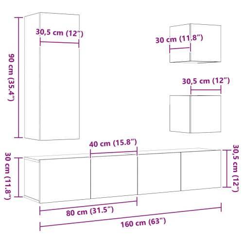 set TV kabineta 6 dijelova crni hrast konstruirano drvo, zidni TV kabineta 2 kom crni hrast 30.5x30x30 cm, zidni TV kabinet u cr Cijena