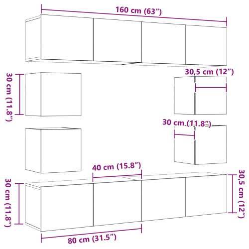 Set od 6 dijelova TV ormarića zidno montiran crni hrast konstruirano drvo, TV stalak od crnog hrasta 80x30x30 cm izrađen od kons Cijena
