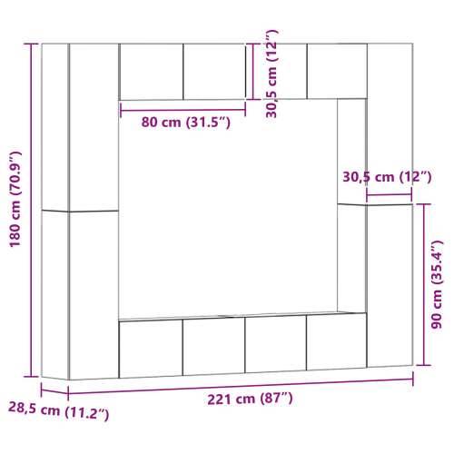 8-dijelni zidni TV ormar od crnog hrasta i konstruiranog drva, crni hrast TV stalak, 80x30x30 cm, od konstruiranog drva, montira Cijena