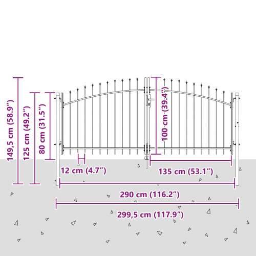 Vrtna kapija s vrhom koplja duple klizne sive 100x300 cm čelika Cijena