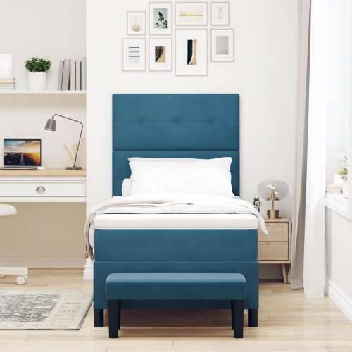 Box Spring krevet s madracem i klupicom tamnoplave boje 100x200 cm od baršuna Cijena