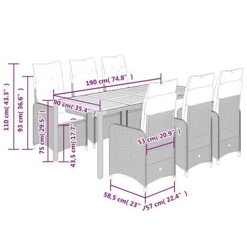 9-dijelni vrtni bistro set od poliratana s jastucima sivi - 190 x 90 x 75 cm Sa naslonom za noge 8 Cijena
