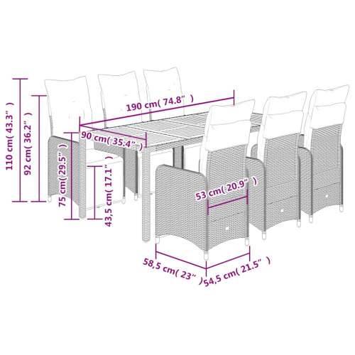 7-dijelni vrtni bistro set od poliratana s jastucima sivi - 190 x 90 x 75 cm boja drva 6 Cijena