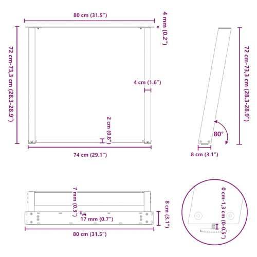 Noge za blagovaonski stol U-oblik 2 kom Prirodni čelik 80 x (72-73) cm Čelik - Prirodna 80 x (72-73) cm 1 Cijena