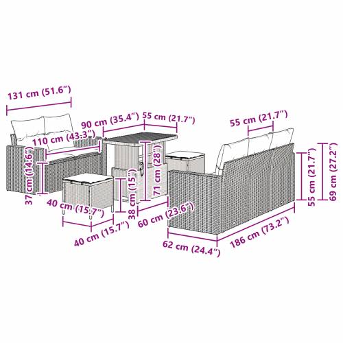 8 Djelni Vrtni Sofa Set s Jastucima Crni Poli Ratan Akacija Cijena