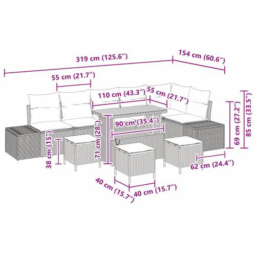 Set od 10 komada vrtnih sofa s jastučićima Siva Poli Ratan Akacija Cijena