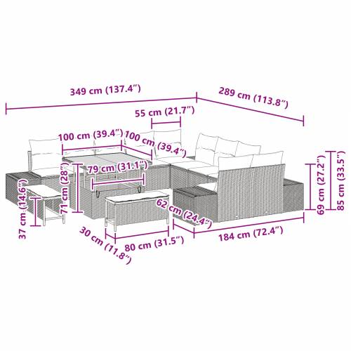 13-dijelni vrtni set sofa s jastučićima crni poli ratan akacija Cijena