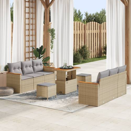 9 Dijelni Vrtni Sofa Set s Jastučićima Bež Poli Ratan Akacija Cijena