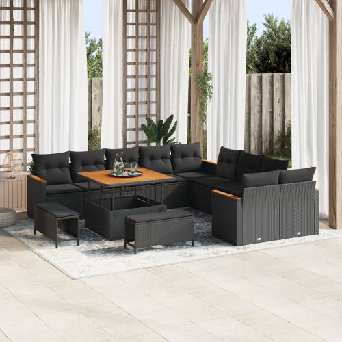 13 Dijelni Vrtni Sofa Set s Jastučićima Crni Poli Ratan Akacija Cijena