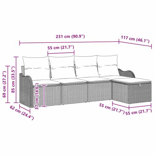 5-dijelni vrtni kauč set (vrtna garnitura) s jastučićima, crni poli ratan Cijena
