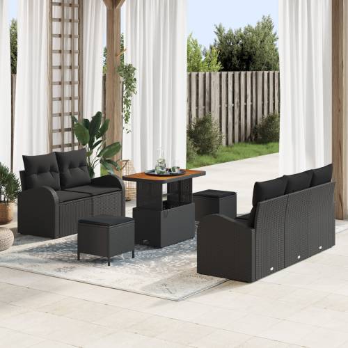 8-dijelni vrtni sofa set s jastucima Crni Poly Rattan Acacia Cijena