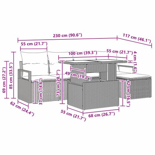 6-dijelni set garniture za vrt s jastucima sivi poli ratan Cijena