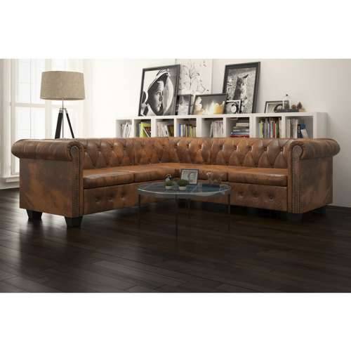 Chesterfield kutna sofa za 5 osoba smeđa umjetna koža - Smeđa peterosjed Cijena