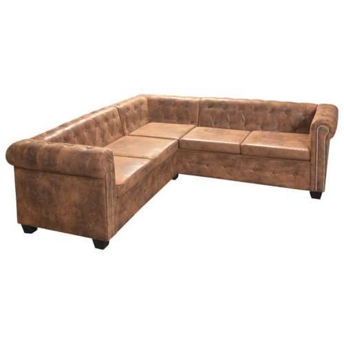 Chesterfield kutna sofa za 5 osoba smeđa umjetna koža - Smeđa peterosjed Cijena