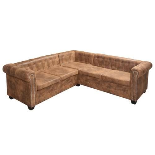 Chesterfield kutna sofa za 5 osoba smeđa umjetna koža - Smeđa peterosjed Cijena