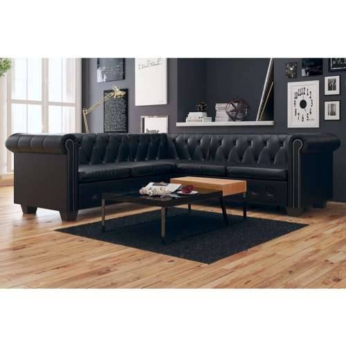 Chesterfield Kutna Sofa za 5 Osoba, Crna, Imitacija Kože - Crna peterosjed Cijena
