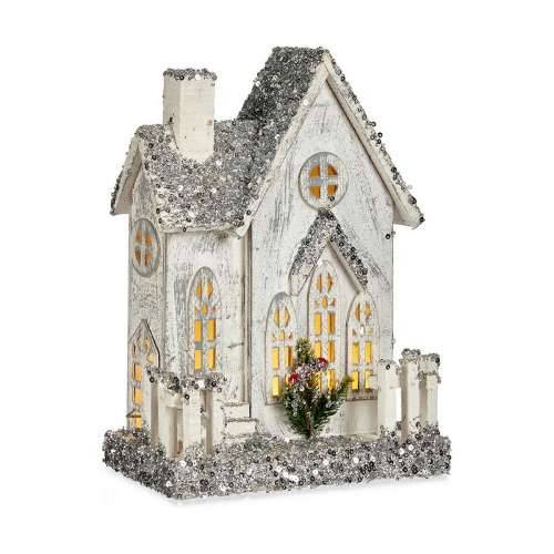 Ukrasna figura Crăciun Šljokice LED Svjetlo kuća 24,5 x 32 x 12 cm Siva Drvo Bijela Cijena