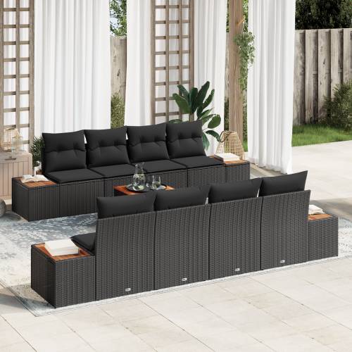 9 Dijelni Vrtni Sofa Set s Jastučićima Crni Poli Ratan Akacija Cijena