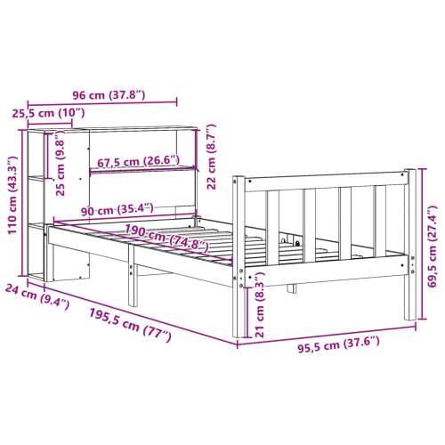 Krevet s regalom za knjige bez madraca 90x190 cm od borovine - Prirodna 90 x 190 cm Cijena