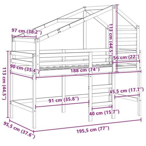 Krevet na kat s ljestvama i krovom 90x190 cm od borovine - Prirodna 90 x 190 cm Cijena