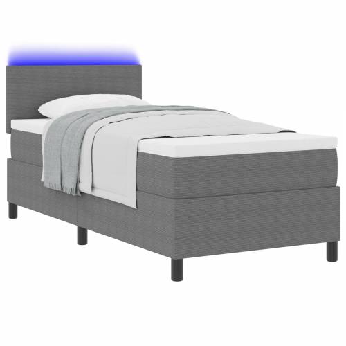 Krevet s box springom s madracem & LED svjetlom Sivi Jednokrevetni Rebrasta tkanina Cijena