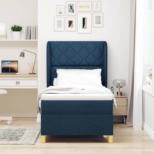 Box Spring Krevet s Madracem - Plava - 90x190 cm - Tkanina Cijena