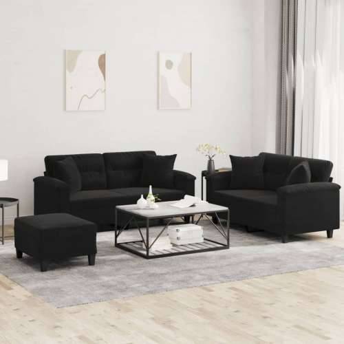 3-dijelni set sofa s jastucima crni od mikrovlakana - Crna s jastucima i tabureom Cijena