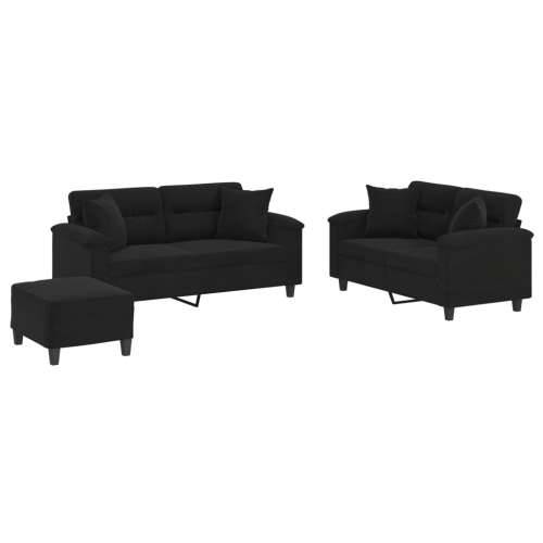 3-dijelni set sofa s jastucima crni od mikrovlakana - Crna s jastucima i tabureom Cijena