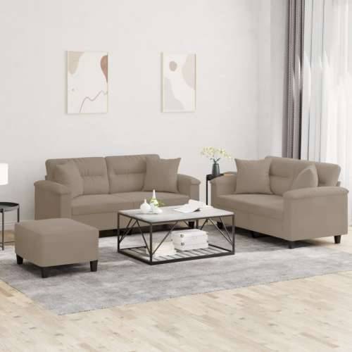 3-dijelni set sofa s jastucima smeđesivi od mikrovlakana - Sivo-smeđa s jastucima i tabureom Cijena