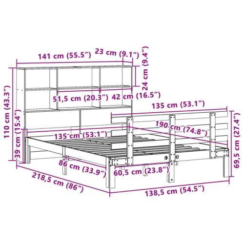 Krevet s regalom za knjige bez madraca 135x190 cm od borovine - Prirodna 135 x 190 cm Cijena