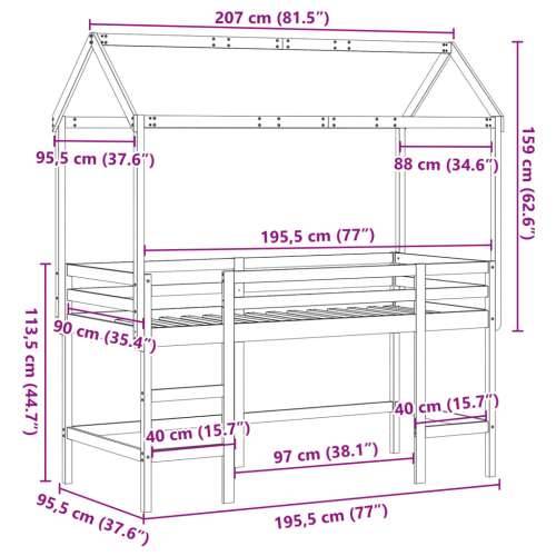 Krevet na kat s ljestvama i krovom bijeli 90x190 cm od borovine - Bijela 90 x 190 cm Cijena