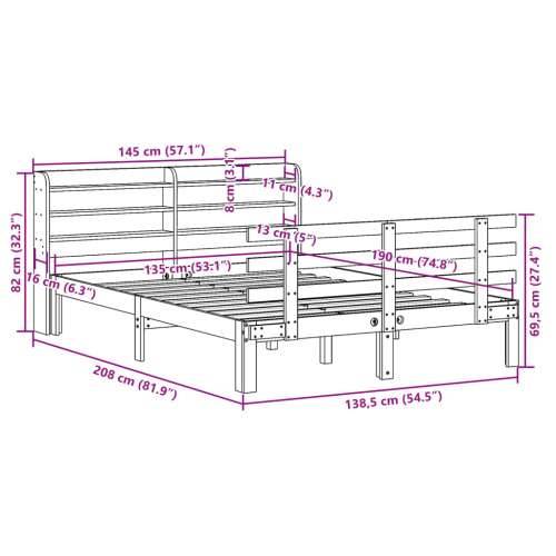 Okvir za krevet s uzglavljem 135 x 190 cm od masivne borovine - Smeđa 135 x 190 cm Cijena