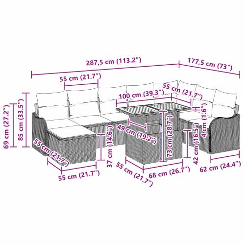 9 dijelni set vrtnih sofa s jastučićima Bež poli ratan Cijena