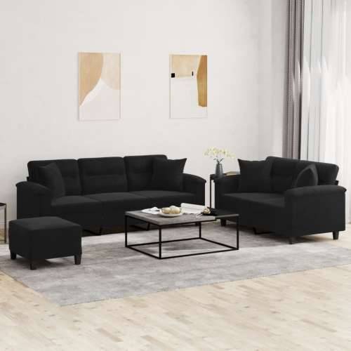 3-dijelni set sofa s jastucima crni od mikrovlakana - Crna s jastucima i tabureom Cijena