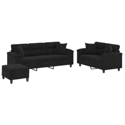 3-dijelni set sofa s jastucima crni od mikrovlakana - Crna s jastucima i tabureom Cijena