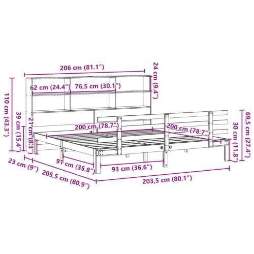 Krevet s regalom za knjige bez madraca 200 x 200 cm od borovine - Prirodna 200 x 200 cm Cijena