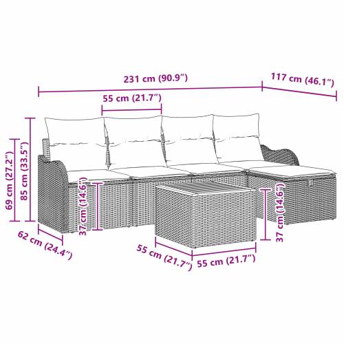 Set od 6 dijelova vrtnih sofas s jastucima sivi poli ratan Cijena
