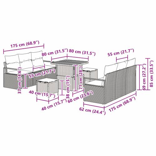 9 Dijelni Gardin Sofa Set s Jastučićima Bež Poli Ratan Akacija Cijena