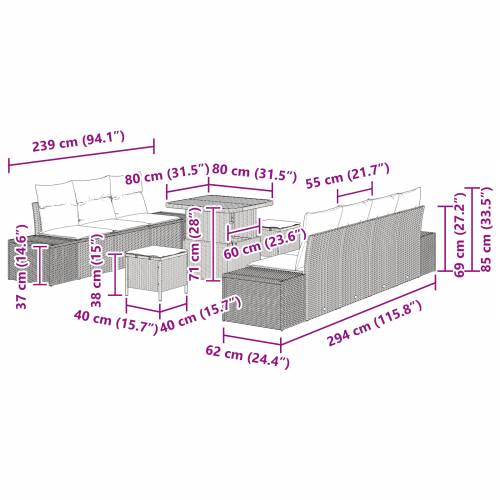 10-dijelni vrtni sofa set s jastucima crni poli ratan akacija Cijena