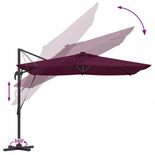 Cantilever Roma suncobran s LED svjetlima u Bordeaux crvenoj boji, 286 x 285 x 270 cm, aluminijski. Cijena