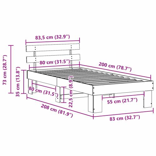 Krevetni okvir s uzglavljem u boji voska 80x200 cm od čvrstog borovog drveta Cijena