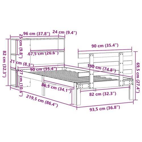 Krevet s regalom za knjige bez madraca 90x190 cm od borovine - Prirodna 90 x 190 cm Cijena