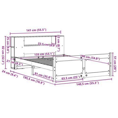 Krevet s regalom za knjige bez madraca 135x190 cm od borovine - Prirodna 135 x 190 cm Cijena