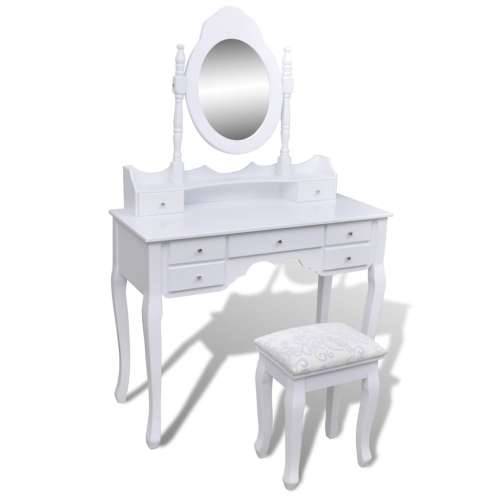 Toaletni stol s ogledalom i stolicom 7 ladica bijeli Cijena