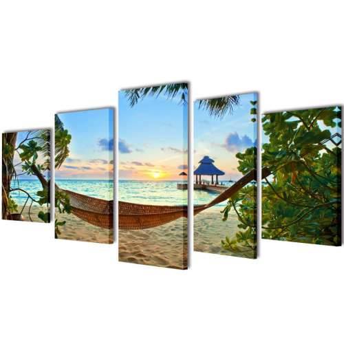 Zidne Slike na Platnu s Printom Plaže i Viseće Mreže 100 x 50 cm - 100 x 50 cm 1 Pješčana plaža s hamakom Cijena