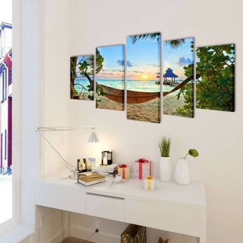 Zidne Slike na Platnu s Printom Plaže i Viseće Mreže 100 x 50 cm - 100 x 50 cm 1 Pješčana plaža s hamakom Cijena