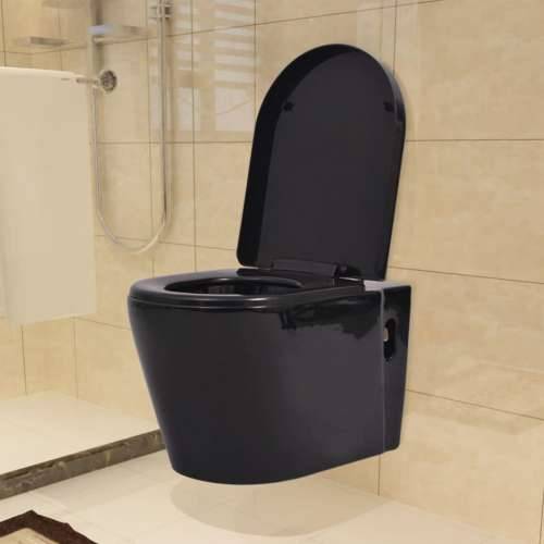 Zidna toaletna školjka s ugradbenim vodokotlićem keramička crna Cijena